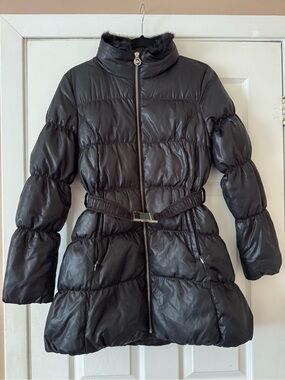 Jacket Michael Kors Black Quilted Belted Puffer Coat with Fur Trim